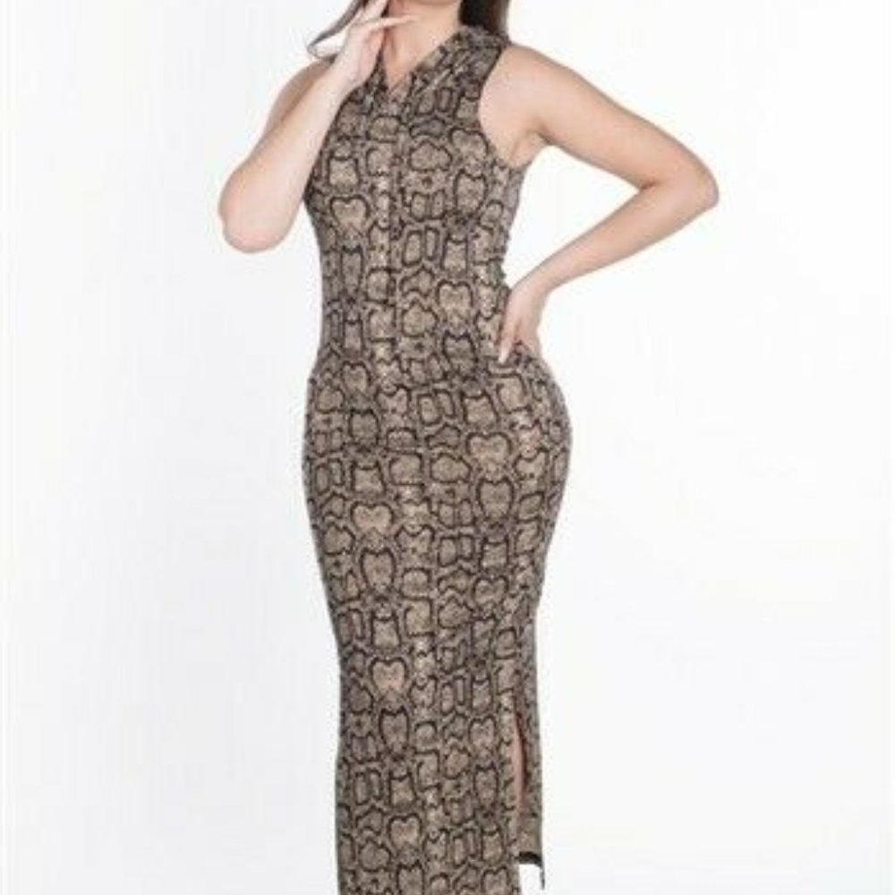 Women's Python Print Hooded Sleeveless Midi Dress